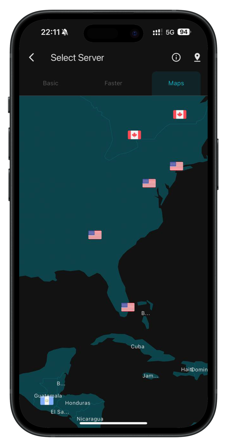 Choosing a server on the map in Thunder VPN